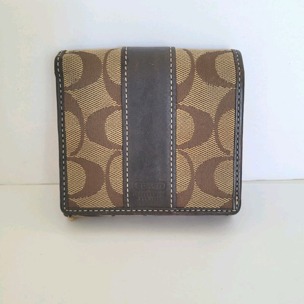 Coach Wallet Canvas Leather Signature Bifold 4x3 Small Beige Tan Compact Logo